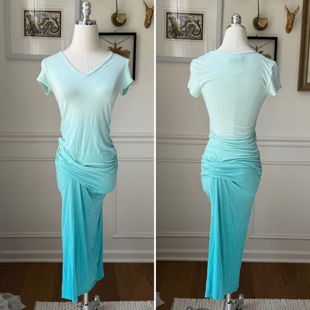 Young Fabulous & Broke Blue Ombré Midi Dress Ruched Sides Stretchy $150 S